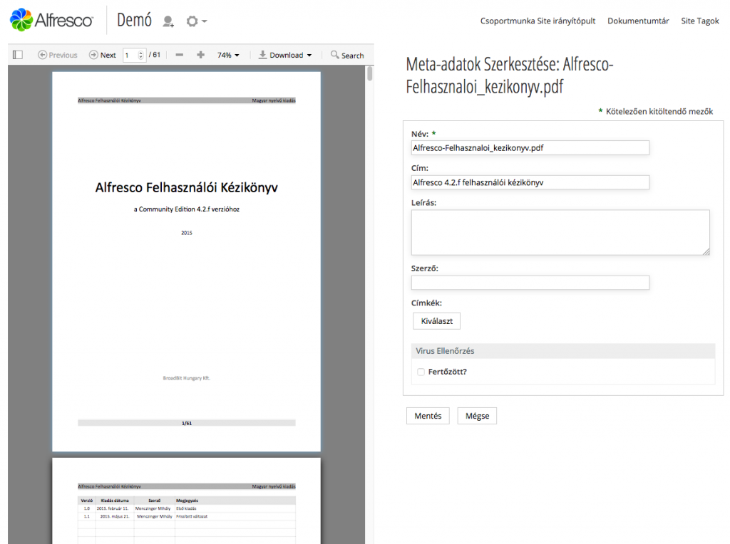 Alfresco Share magyar nyelvű felület - dokumentum metaadatainak szerkesztése közben lapozható előnézet